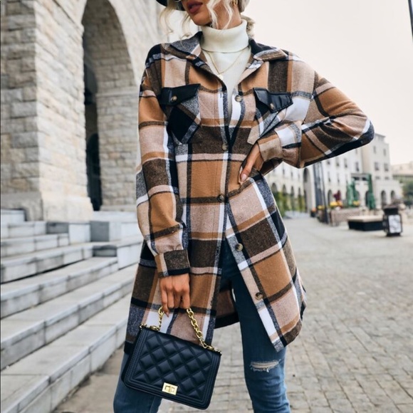 Cozy Plaid Print Button Up Oversized LIGHT Jacket Shacket Top - Picture 5 of 7